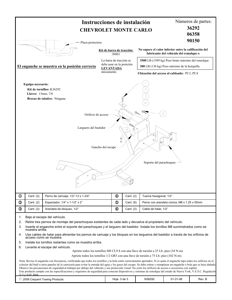Instrucciones de instalación, Chevrolet monte carlo, Números de partes | Draw-Tite 36292 FRAME HITCH User Manual | Page 3 / 3