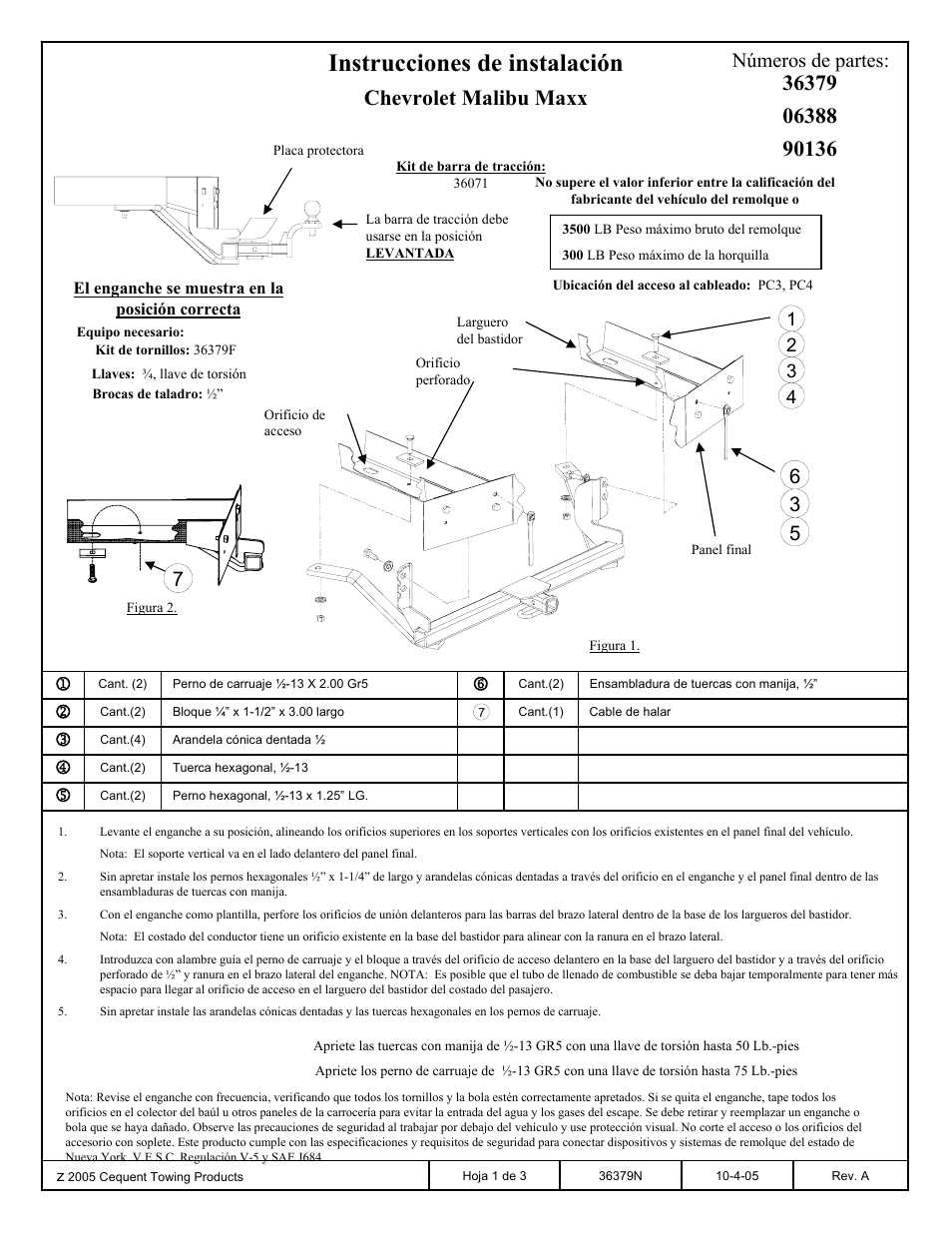 Instrucciones de instalación, Chevrolet malibu maxx, Números de partes | Draw-Tite 36379 FRAME HITCH User Manual | Page 3 / 3