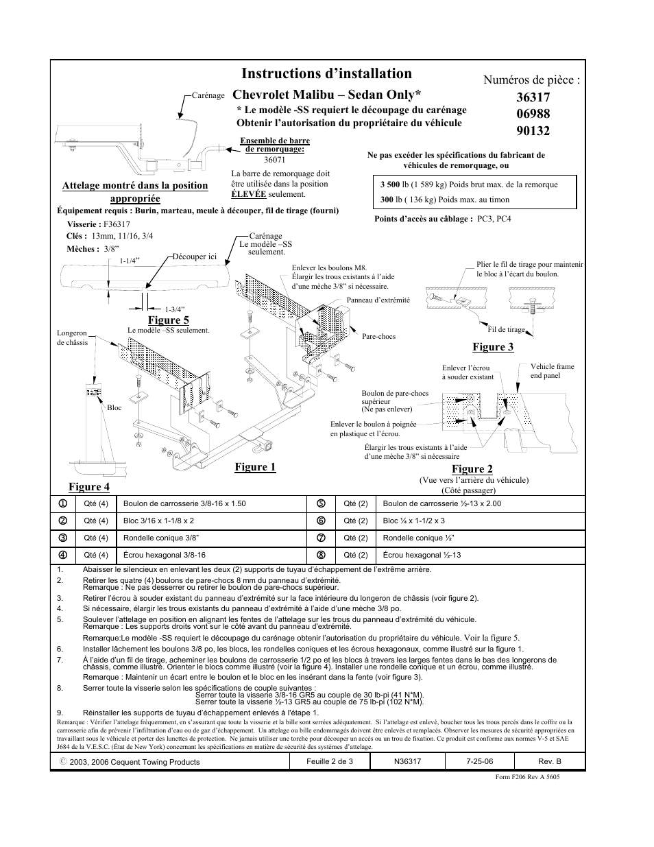 Instructions d’installation, Chevrolet malibu – sedan only, Numéros de pièce | Figure 1 figure 4, Figure 2, Figure 3, Figure 5 | Draw-Tite 36317 FRAME HITCH User Manual | Page 2 / 3