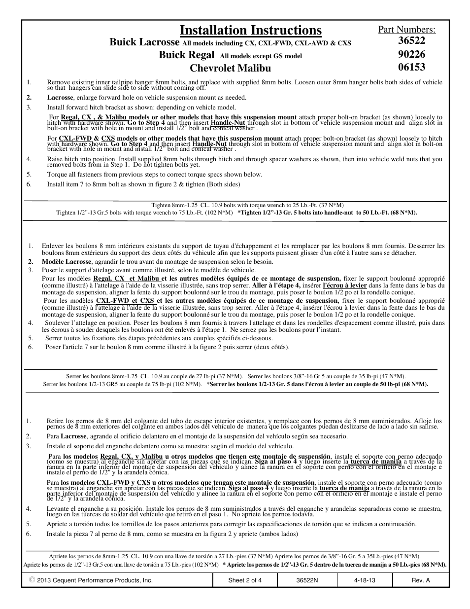 Installation instructions, Buick lacrosse, Buick regal | Part numbers | Draw-Tite 36522 FRAME HITCH User Manual | Page 2 / 4