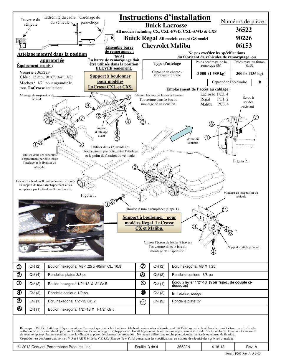 Instructions d’installation, Buick lacrosse, Buick regal | Chevrolet malibu, Numéros de pièce | Draw-Tite 36522 FRAME HITCH User Manual | Page 3 / 4