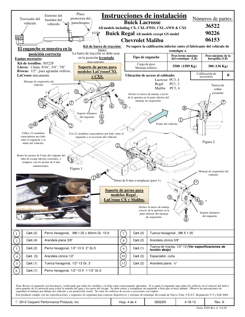 Instrucciones de instalación, Buick lacrosse, Buick regal | Chevrolet malibu, Números de partes | Draw-Tite 36522 FRAME HITCH User Manual | Page 4 / 4