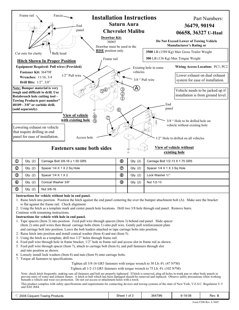 Draw-Tite 36479 FRAME HITCH User Manual | 3 pages