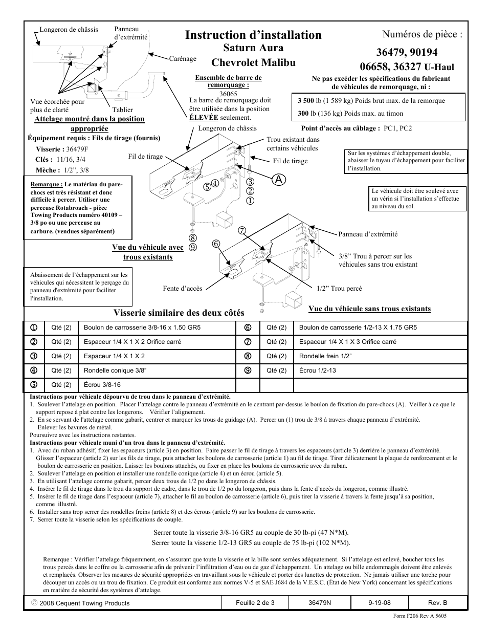 Instruction d’installation, Saturn aura chevrolet malibu, Numéros de pièce | Draw-Tite 36479 FRAME HITCH User Manual | Page 2 / 3