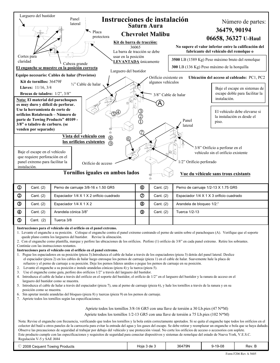 Instrucciones de instalación, Saturn aura chevrolet malibu, Número de partes | Draw-Tite 36479 FRAME HITCH User Manual | Page 3 / 3