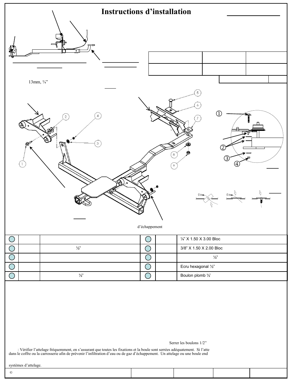 Instructions d’installation, Kj m l, Chevrolet impala, malibu; buick regal | Numéros de pièce | Draw-Tite 36543 FRAME HITCH User Manual | Page 2 / 3