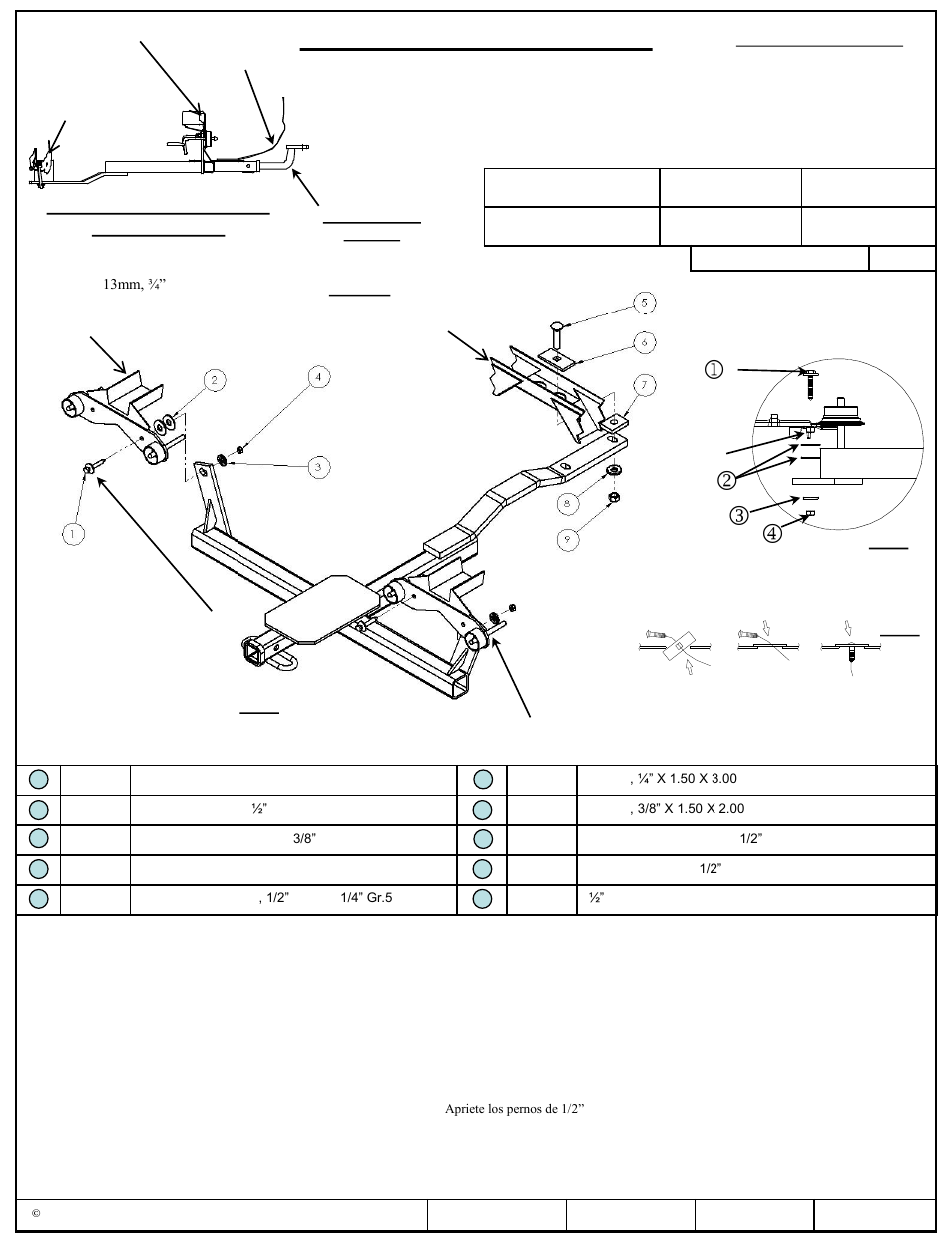 Instrucciones de instalación, Kj m l, Chevrolet impala, malibu; buick regal | Números de partes, El enganche se muestra en la posición correcta | Draw-Tite 36543 FRAME HITCH User Manual | Page 3 / 3