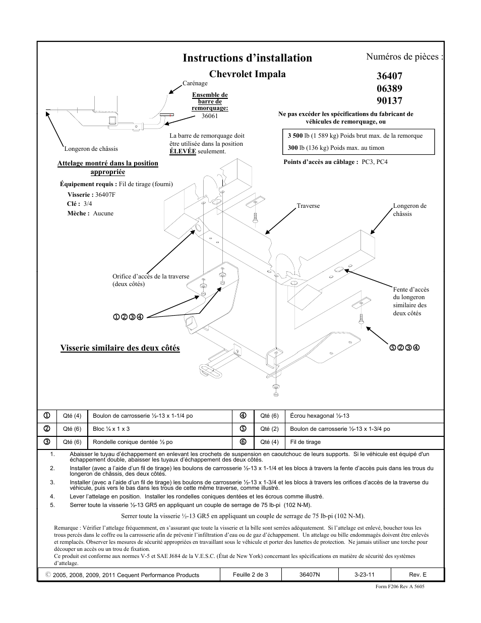 Instructions d’installation, Chevrolet impala, Numéros de pièces | Draw-Tite 36407 FRAME HITCH User Manual | Page 2 / 3