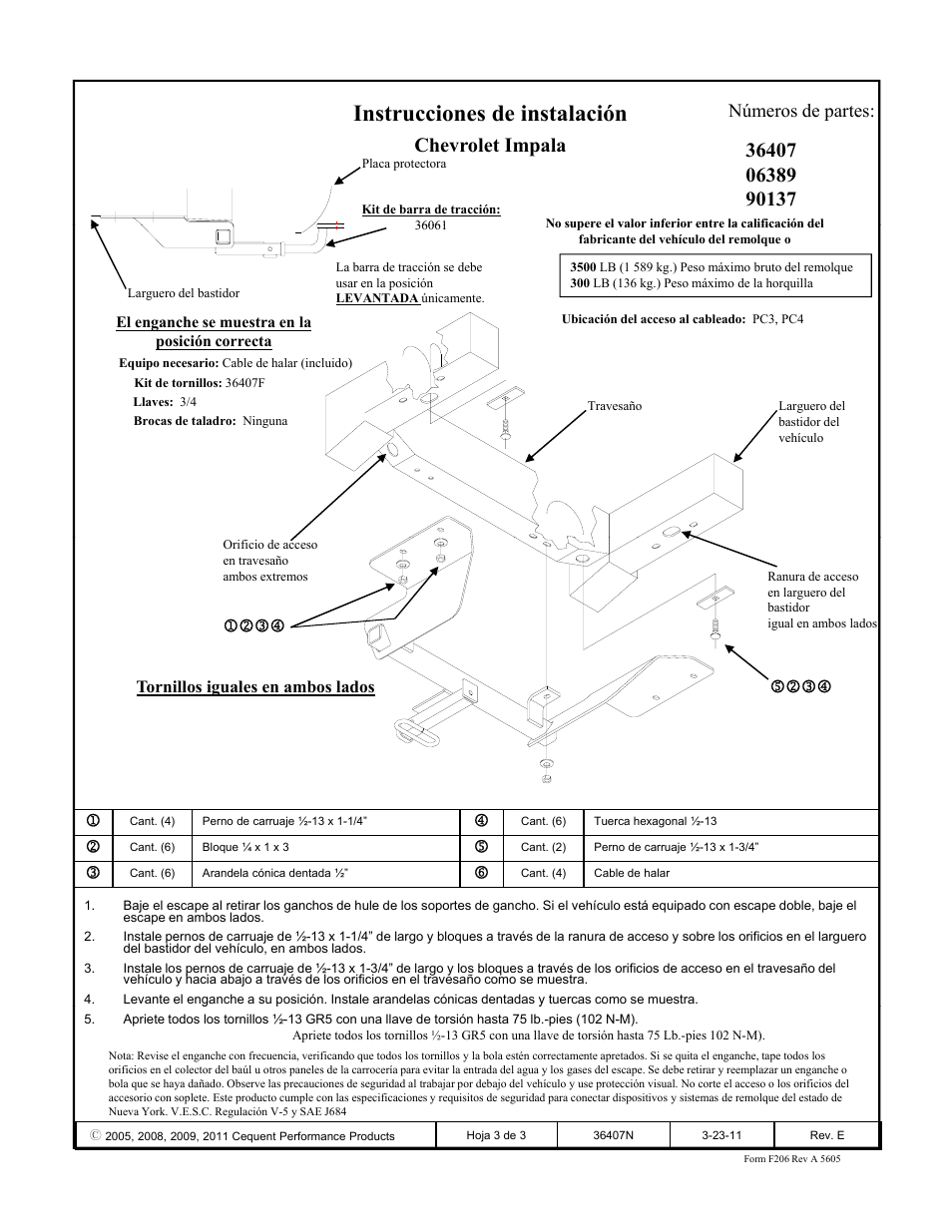 Instrucciones de instalación, Chevrolet impala, Números de partes | Draw-Tite 36407 FRAME HITCH User Manual | Page 3 / 3