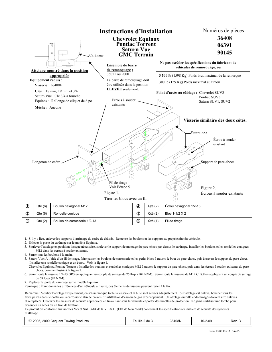 Instructions d’installation, Numéros de pièces | Draw-Tite 36408 FRAME HITCH User Manual | Page 2 / 3