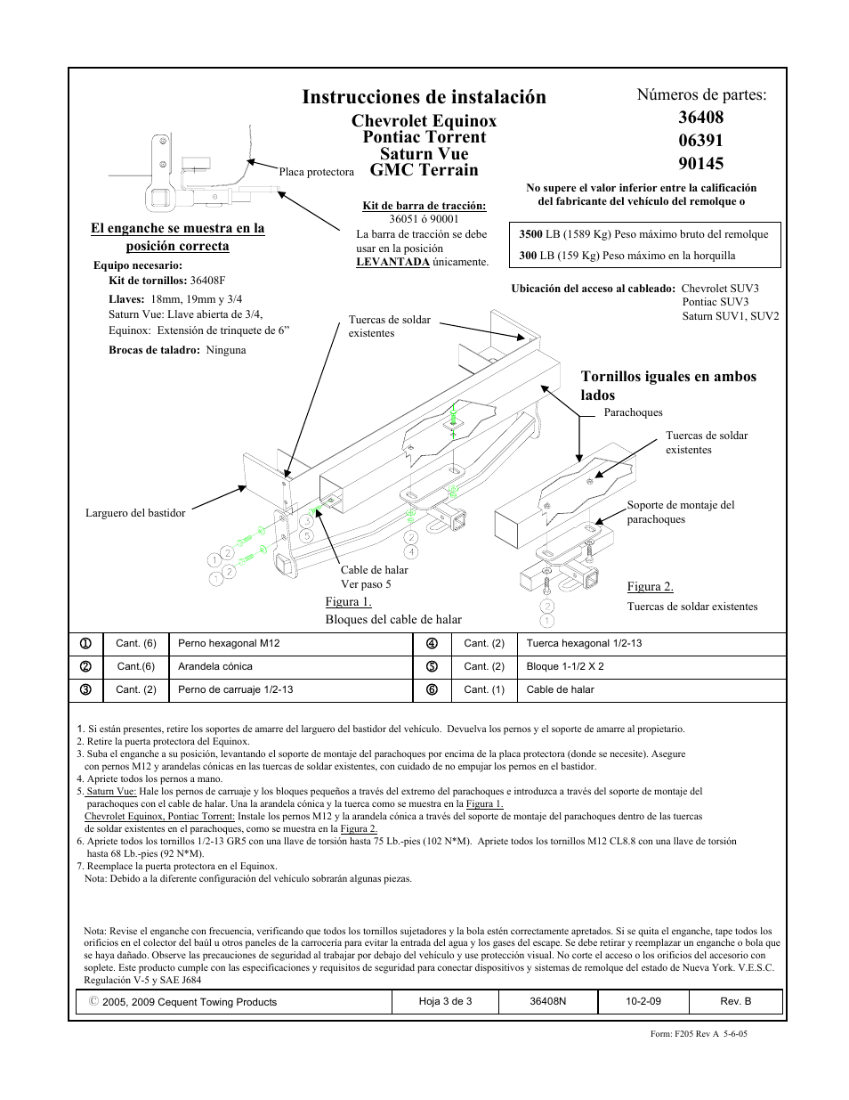 Instrucciones de instalación, Números de partes | Draw-Tite 36408 FRAME HITCH User Manual | Page 3 / 3