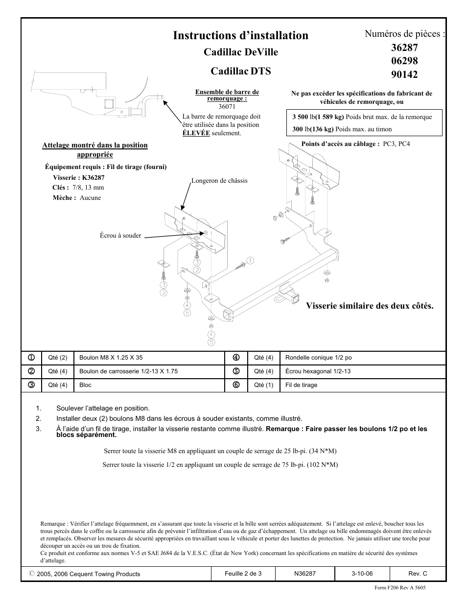 Instructions d’installation, Cadillac deville cadillac dts, Numéros de pièces | Draw-Tite 36287 FRAME HITCH User Manual | Page 2 / 3
