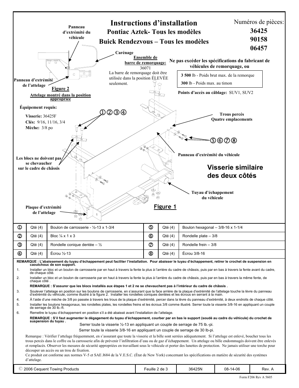 Instructions d’installation, Numéros de pièces, Figure 1 | Draw-Tite 36425 FRAME HITCH User Manual | Page 2 / 3