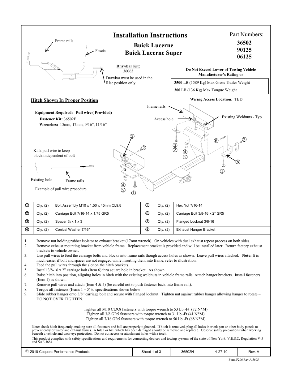 Draw-Tite 36502 FRAME HITCH User Manual | 3 pages