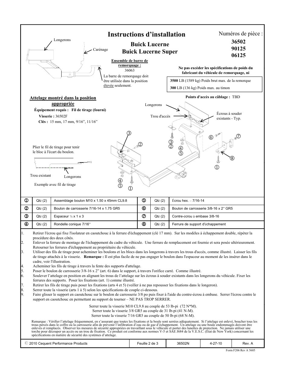 Instructions d’installation, Buick lucerne buick lucerne super, Numéros de pièce | Draw-Tite 36502 FRAME HITCH User Manual | Page 2 / 3