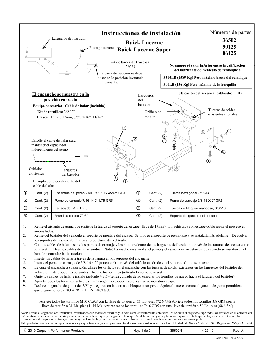 Instrucciones de instalación, Buick lucerne buick lucerne super, Números de partes | Draw-Tite 36502 FRAME HITCH User Manual | Page 3 / 3