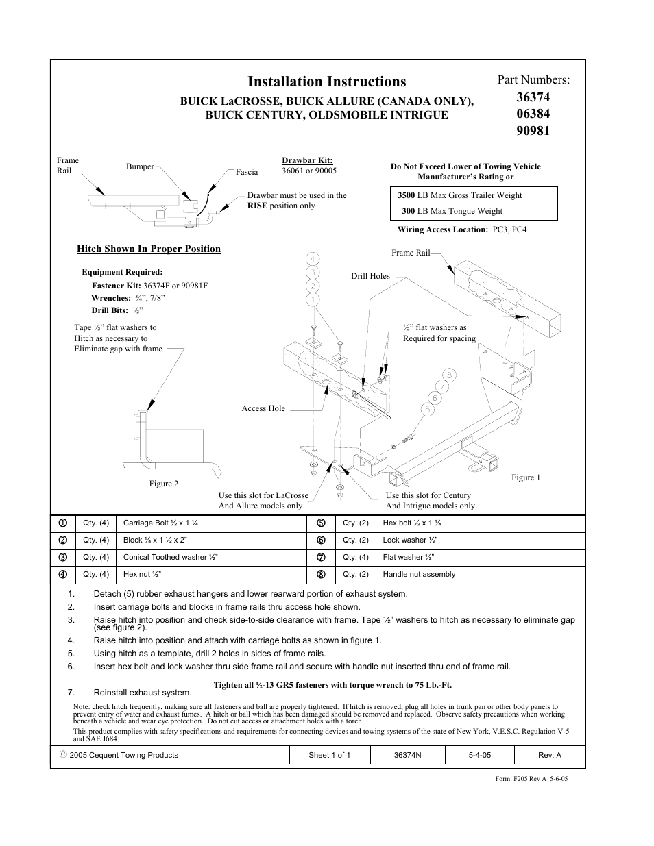 Draw-Tite 36374 FRAME HITCH User Manual | 3 pages