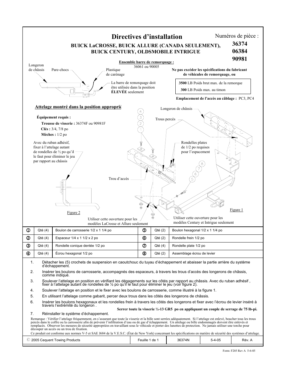 Directives d’installation, Numéros de pièce | Draw-Tite 36374 FRAME HITCH User Manual | Page 2 / 3