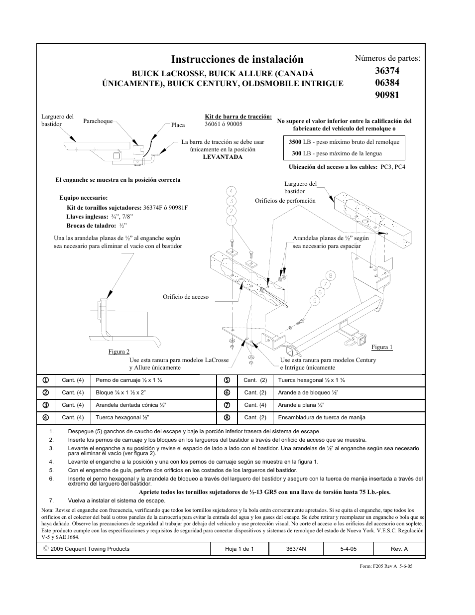 Instrucciones de instalación | Draw-Tite 36374 FRAME HITCH User Manual | Page 3 / 3