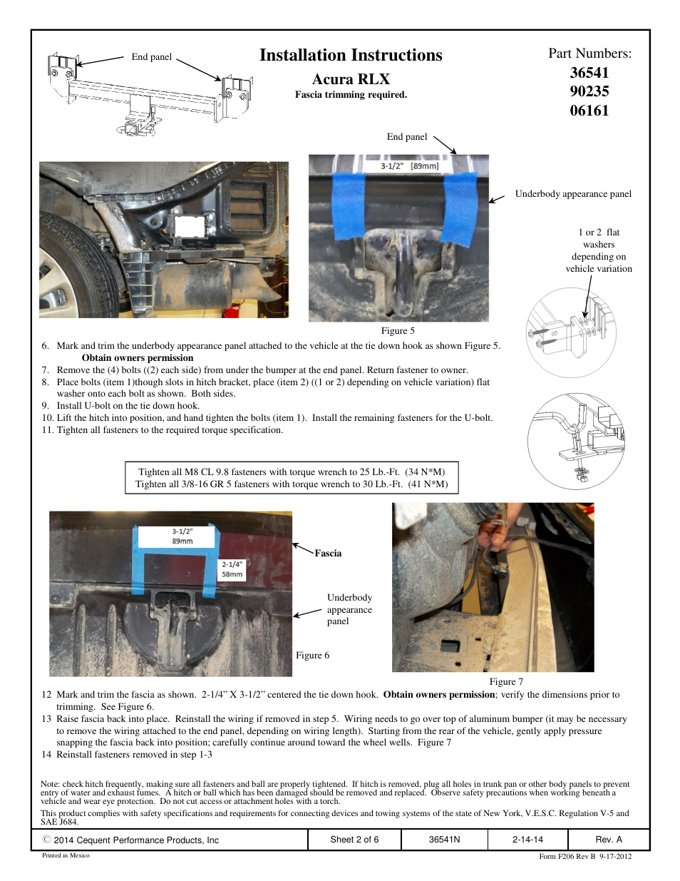 Installation instructions, Acura rlx, Part numbers | Draw-Tite 36541 FRAME HITCH User Manual | Page 2 / 6