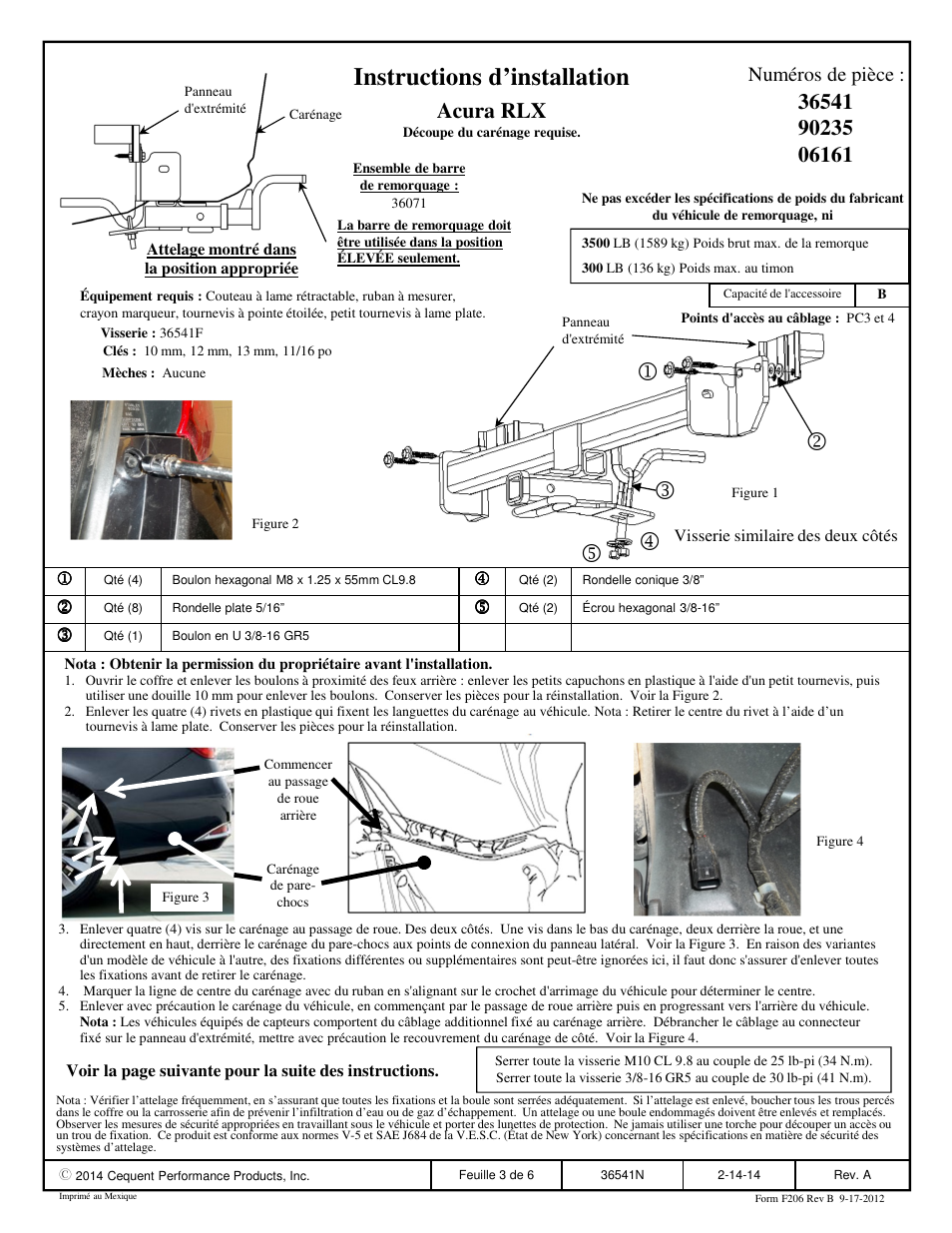Instructions d’installation, Acura rlx, Numéros de pièce | Draw-Tite 36541 FRAME HITCH User Manual | Page 3 / 6