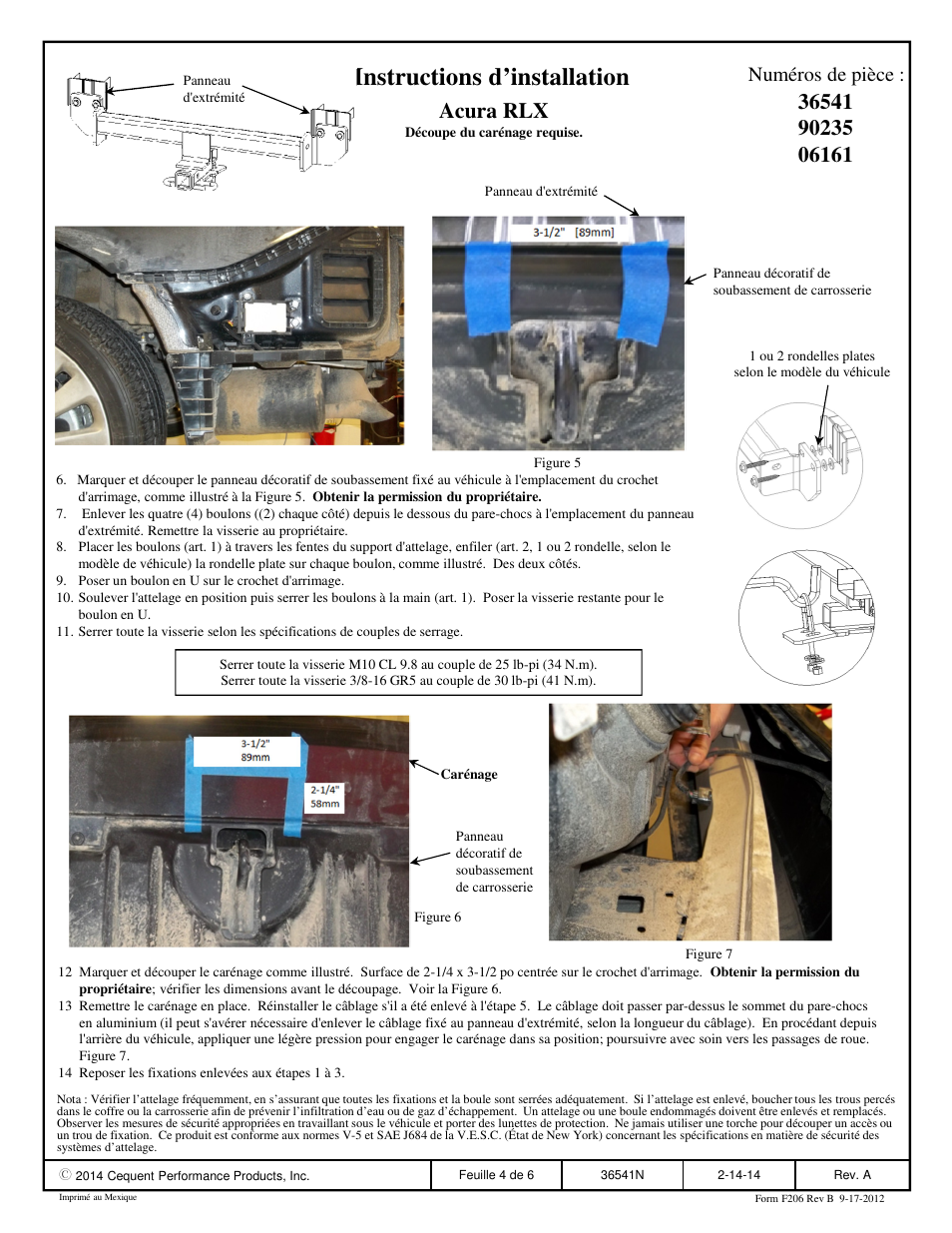 Instructions d’installation, Acura rlx, Numéros de pièce | Draw-Tite 36541 FRAME HITCH User Manual | Page 4 / 6