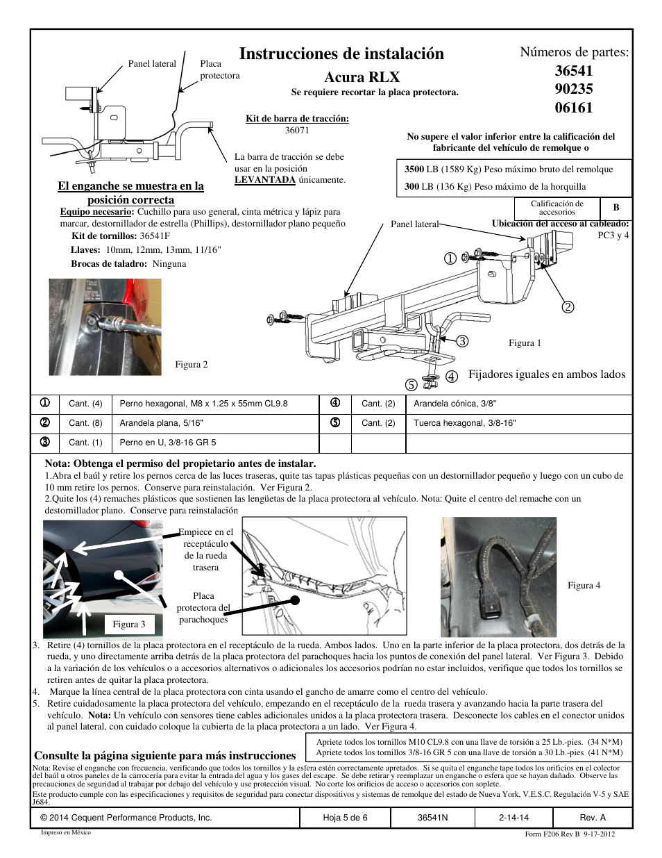 Instrucciones de instalación, Acura rlx, Números de partes | Draw-Tite 36541 FRAME HITCH User Manual | Page 5 / 6