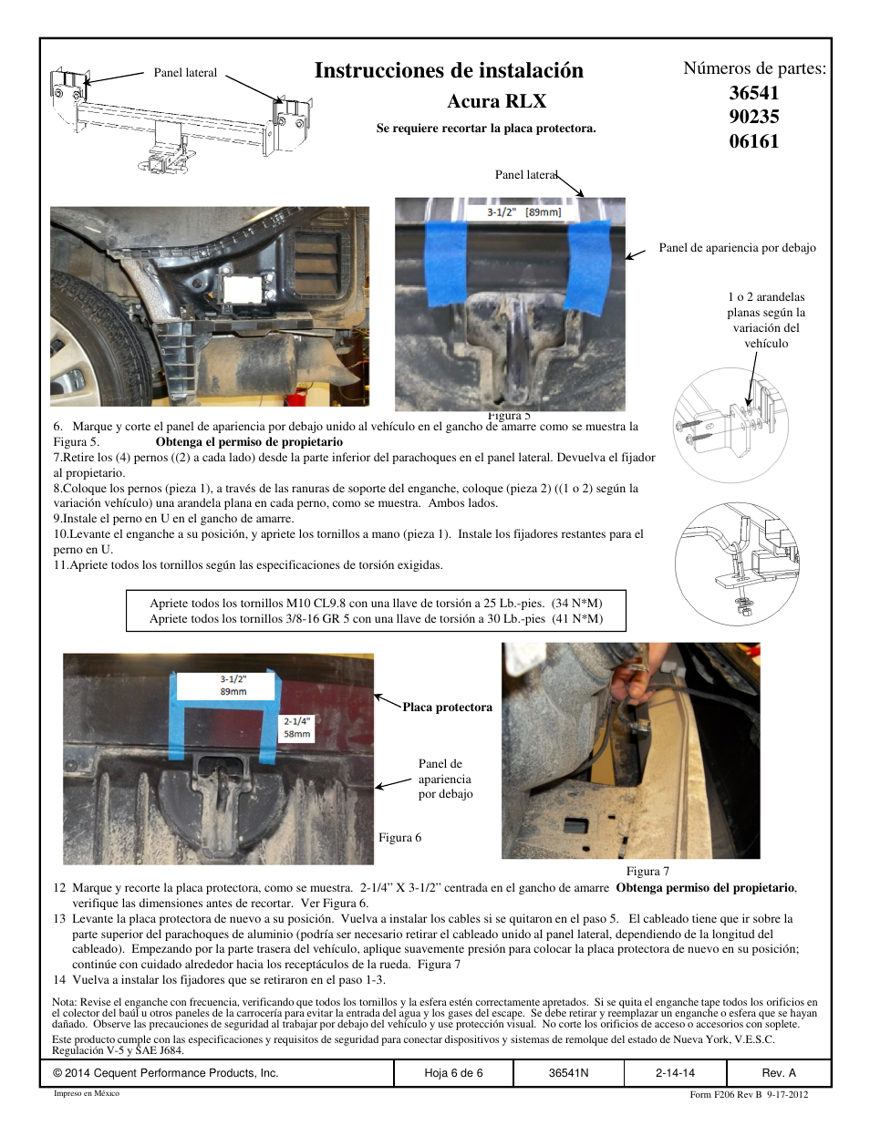 Instrucciones de instalación, Acura rlx, Números de partes | Draw-Tite 36541 FRAME HITCH User Manual | Page 6 / 6