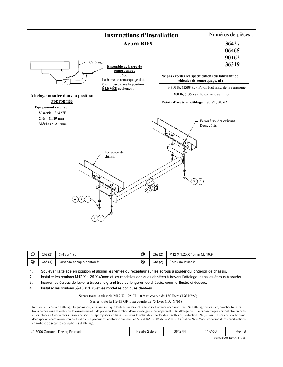 Instructions d’installation, Acura rdx, Numéros de pièces | Draw-Tite 36427 FRAME HITCH User Manual | Page 2 / 3