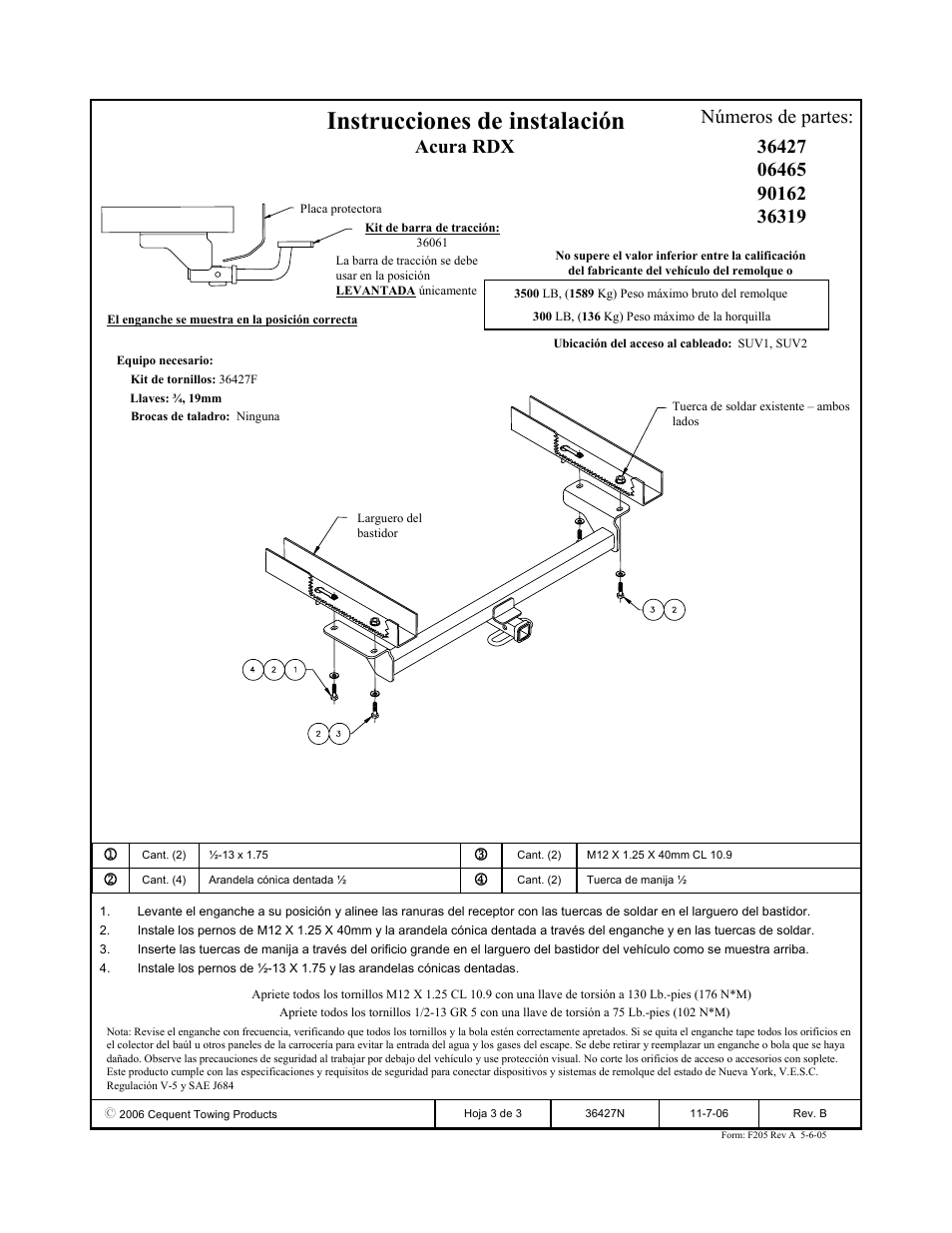 Instrucciones de instalación | Draw-Tite 36427 FRAME HITCH User Manual | Page 3 / 3