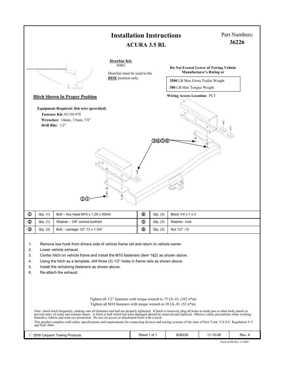 Draw-Tite 36226 FRAME HITCH User Manual | 1 page