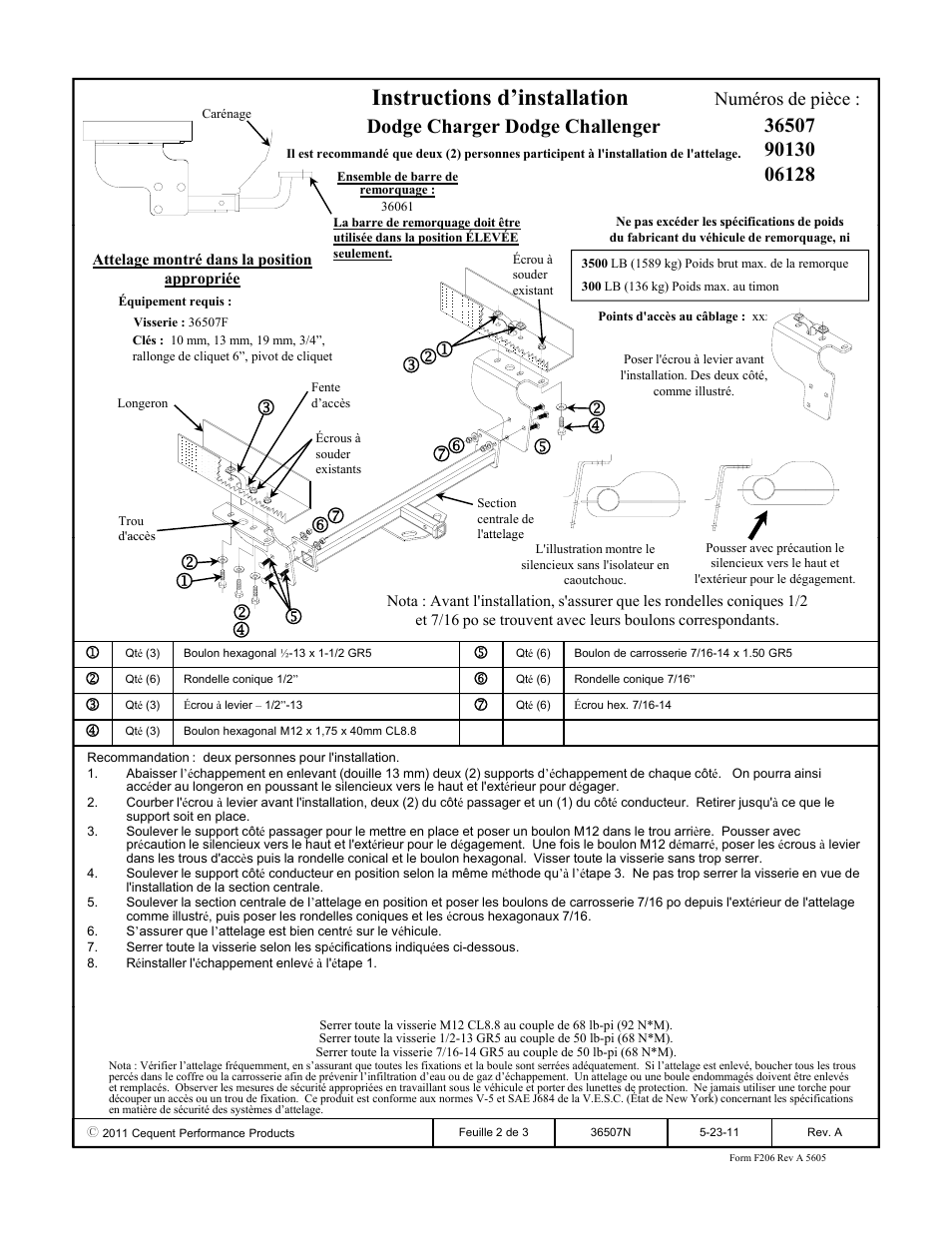 Instructions d’installation, Dodge charger dodge challenger, Numéros de pièce | Draw-Tite 36507 FRAME HITCH User Manual | Page 2 / 3