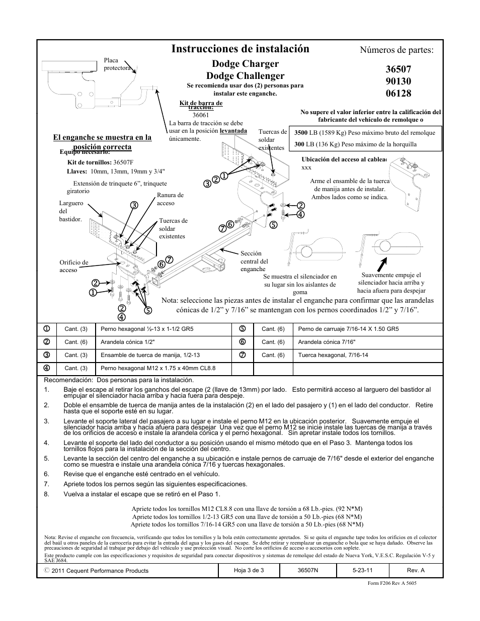 Instrucciones de instalación, Dodge charger dodge challenger, Números de partes | Draw-Tite 36507 FRAME HITCH User Manual | Page 3 / 3