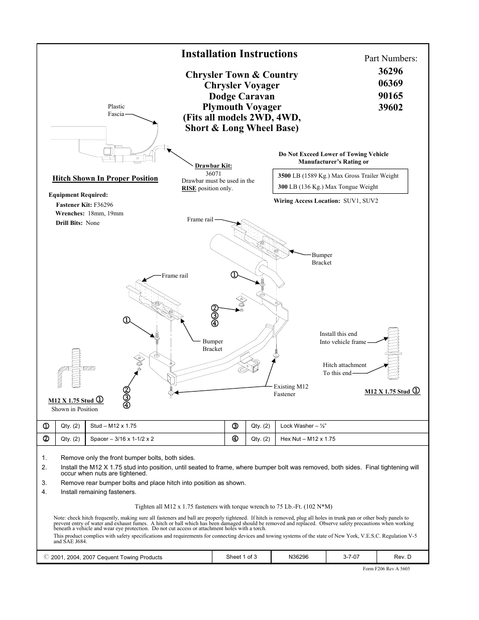 Draw-Tite 36296 FRAME HITCH User Manual | 3 pages