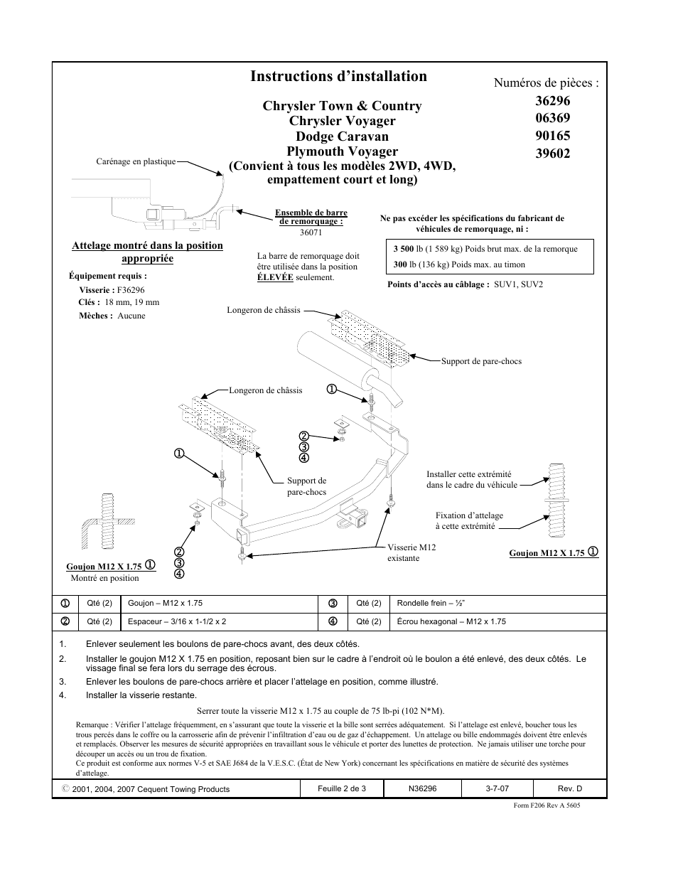 Instructions d’installation, Numéros de pièces | Draw-Tite 36296 FRAME HITCH User Manual | Page 2 / 3