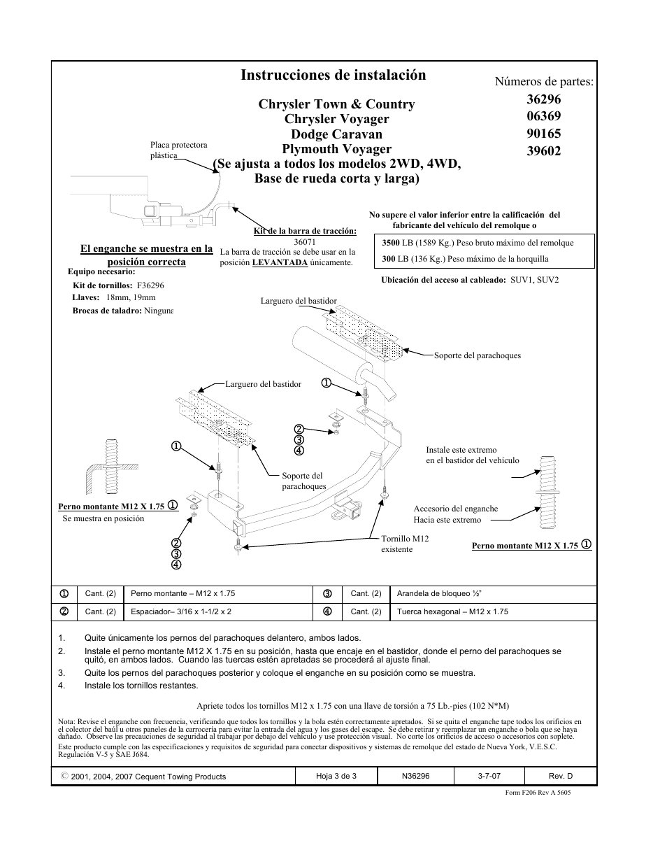 Instrucciones de instalación, Números de partes | Draw-Tite 36296 FRAME HITCH User Manual | Page 3 / 3