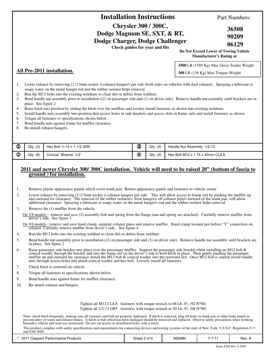 Installation instructions, Part numbers | Draw-Tite 36508 FRAME HITCH User Manual | Page 2 / 6