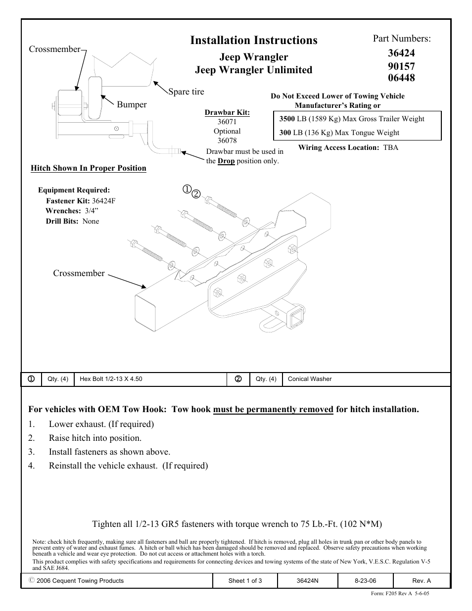 Draw-Tite 36424 FRAME HITCH User Manual | 3 pages