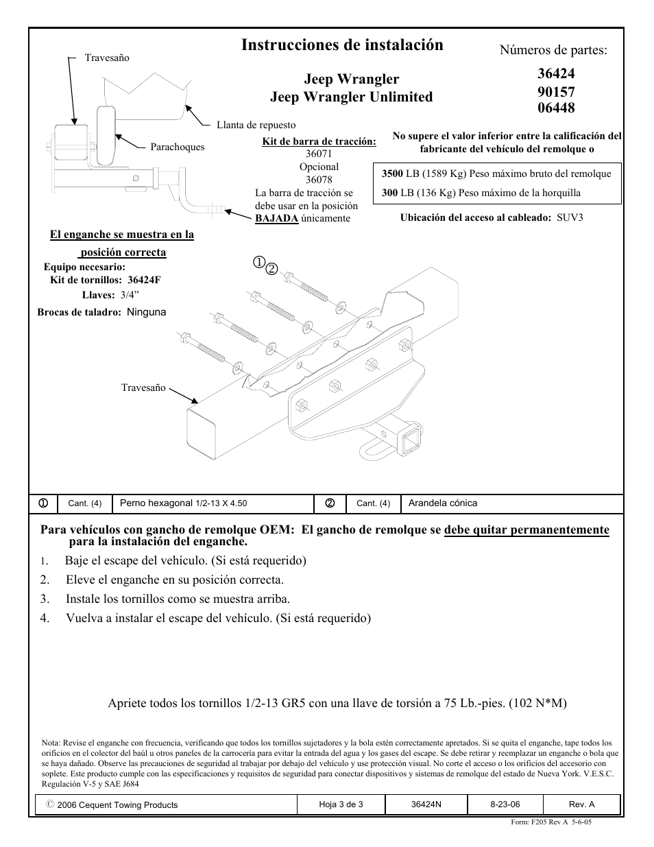 Instrucciones de instalación, Números de partes | Draw-Tite 36424 FRAME HITCH User Manual | Page 3 / 3