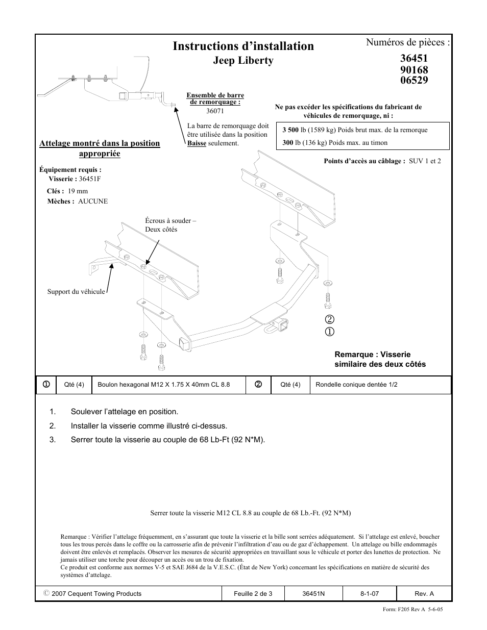 Instructions d’installation, Jeep liberty, Numéros de pièces | Draw-Tite 36451 FRAME HITCH User Manual | Page 2 / 3