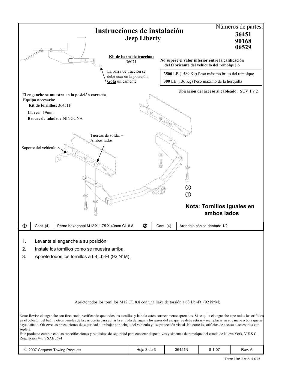 Instrucciones de instalación, Jeep liberty, Números de partes | Draw-Tite 36451 FRAME HITCH User Manual | Page 3 / 3
