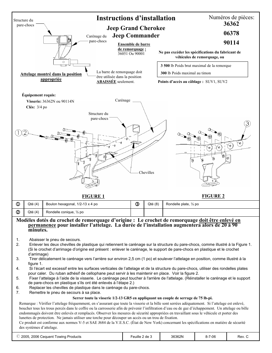 Instructions d’installation, Jeep grand cherokee jeep commander, Numéros de pièces | Draw-Tite 36362 FRAME HITCH User Manual | Page 2 / 3