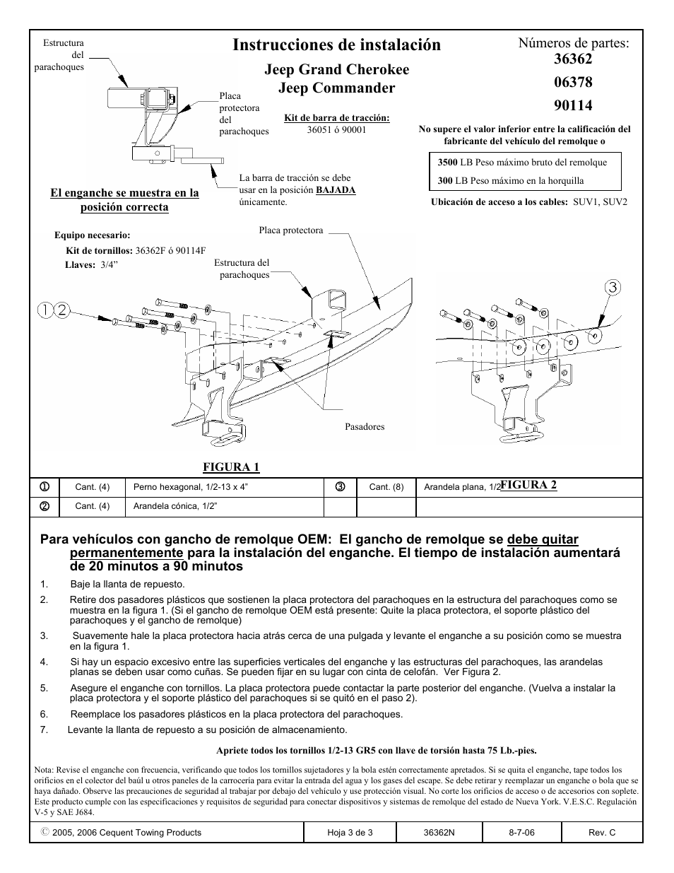 Instrucciones de instalación, Números de partes | Draw-Tite 36362 FRAME HITCH User Manual | Page 3 / 3