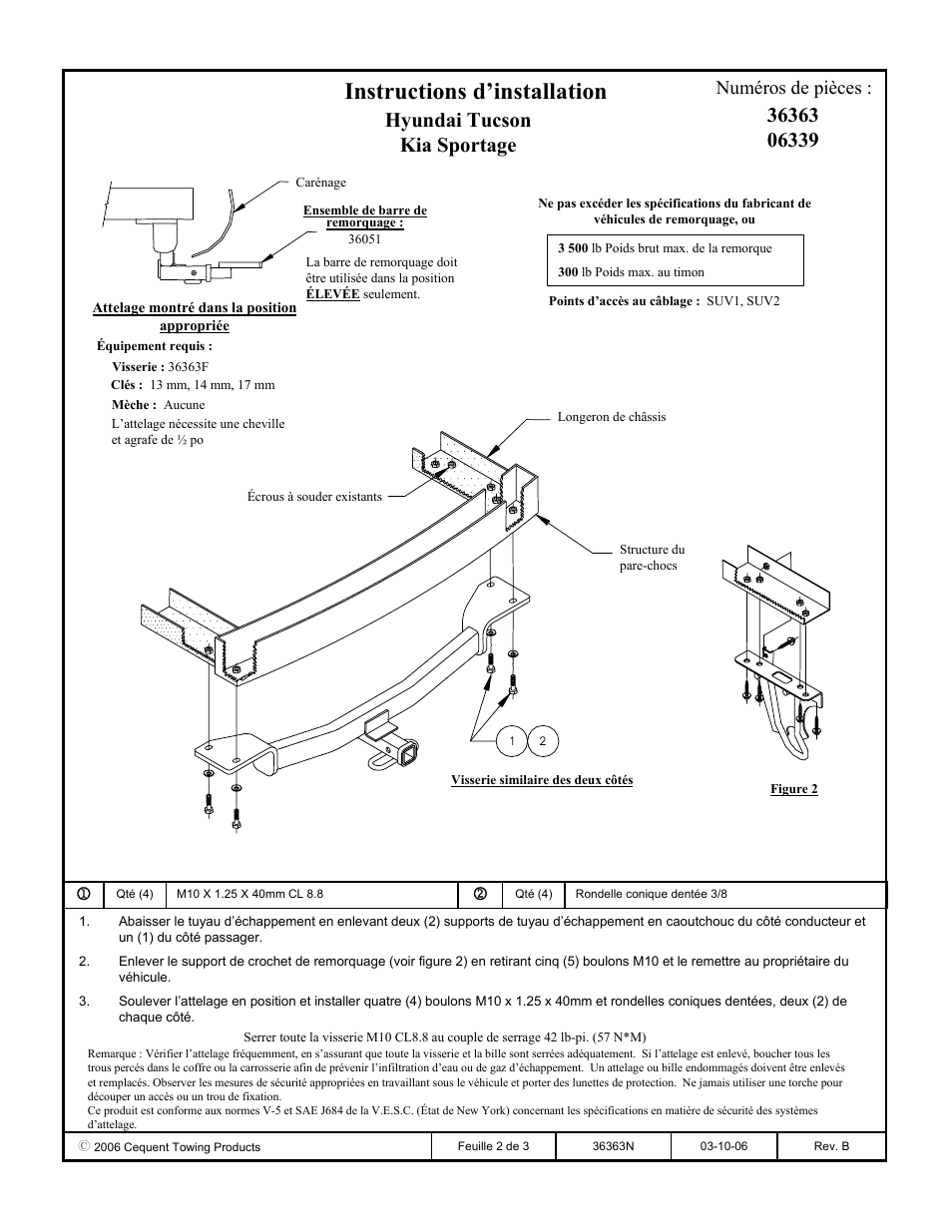 Instructions d’installation, Hyundai tucson kia sportage, Numéros de pièces | Draw-Tite 36363 FRAME HITCH User Manual | Page 2 / 3