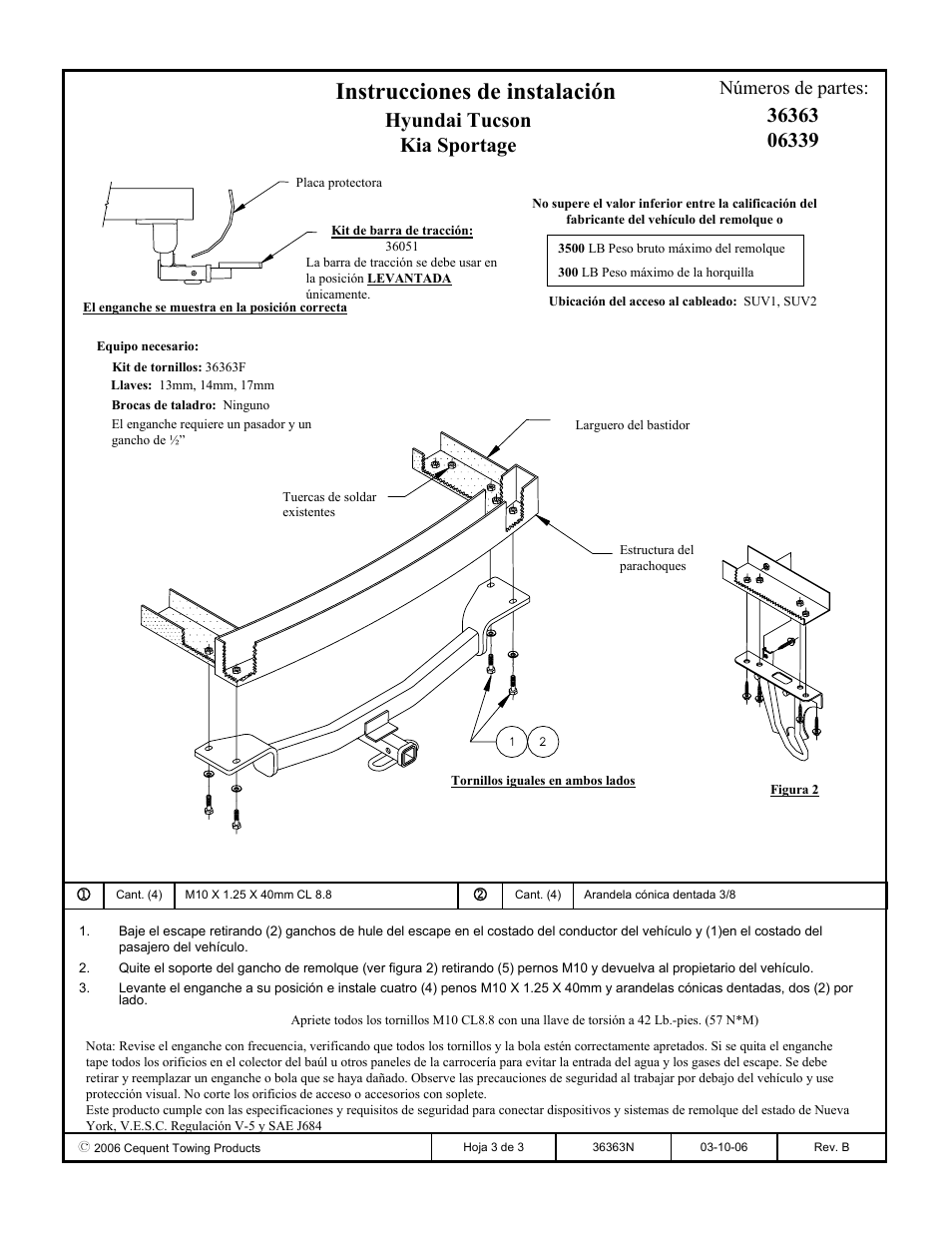Instrucciones de instalación, Hyundai tucson kia sportage, Números de partes | Draw-Tite 36363 FRAME HITCH User Manual | Page 3 / 3