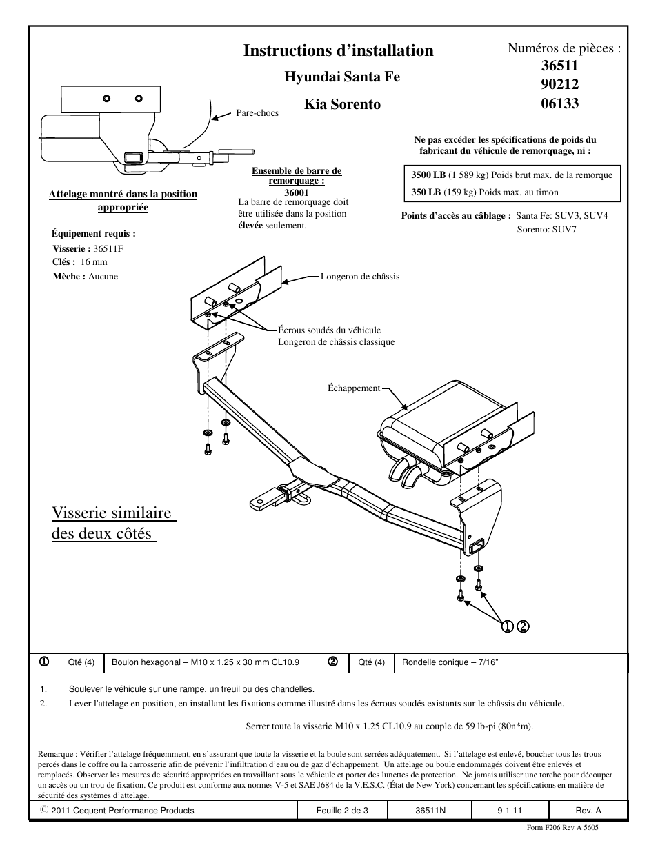 Instructions d’installation, 12 visserie similaire des deux côtés, Hyundai santa fe kia sorento | Numéros de pièces | Draw-Tite 36511 FRAME HITCH User Manual | Page 2 / 3
