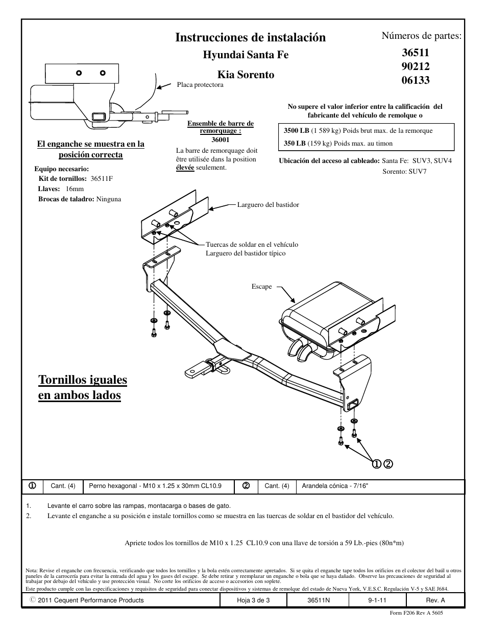 Instrucciones de instalación, 12 tornillos iguales en ambos lados, Hyundai santa fe kia sorento | Números de partes | Draw-Tite 36511 FRAME HITCH User Manual | Page 3 / 3