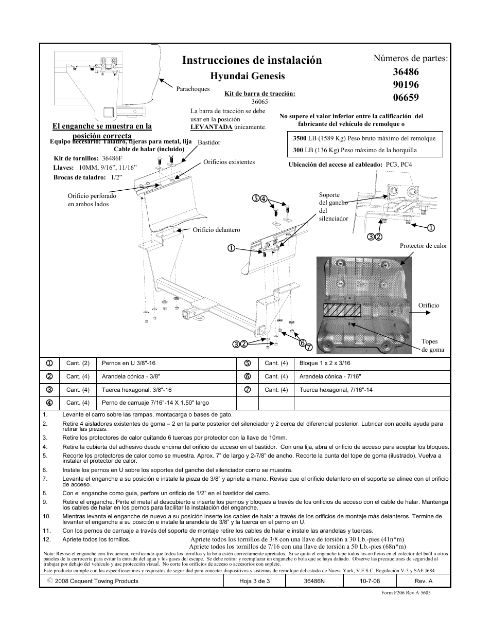 Instrucciones de instalación, Números de partes | Draw-Tite 36486 FRAME HITCH User Manual | Page 3 / 3