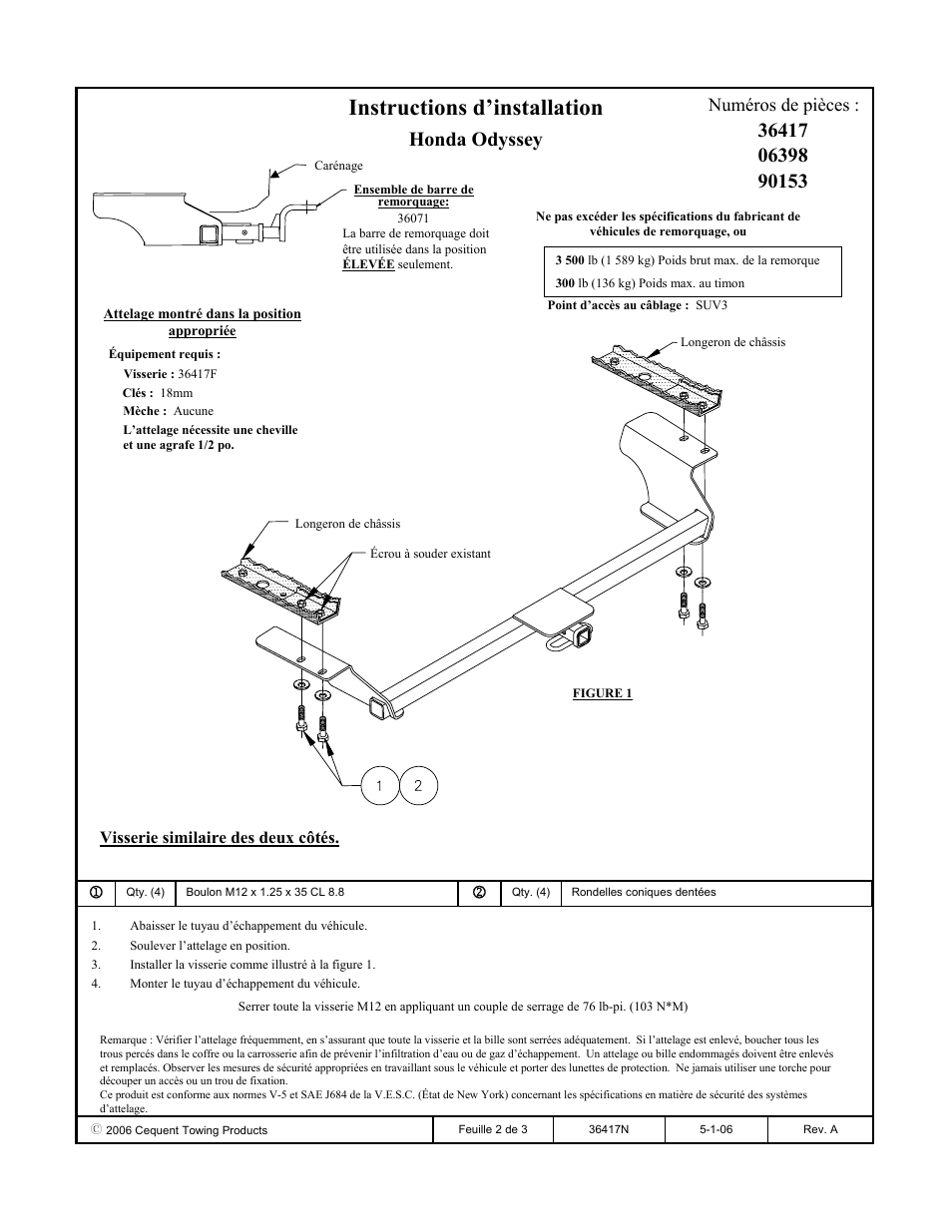 Instructions d’installation, Numéros de pièces, Visserie similaire des deux côtés | Draw-Tite 36417 FRAME HITCH User Manual | Page 2 / 3