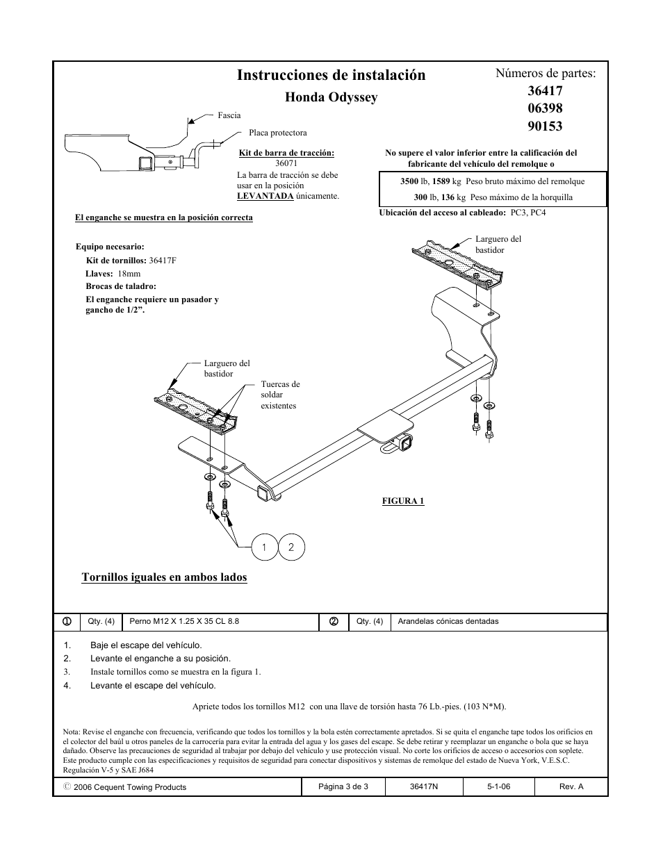 Instrucciones de instalación, Números de partes, Tornillos iguales en ambos lados | Draw-Tite 36417 FRAME HITCH User Manual | Page 3 / 3